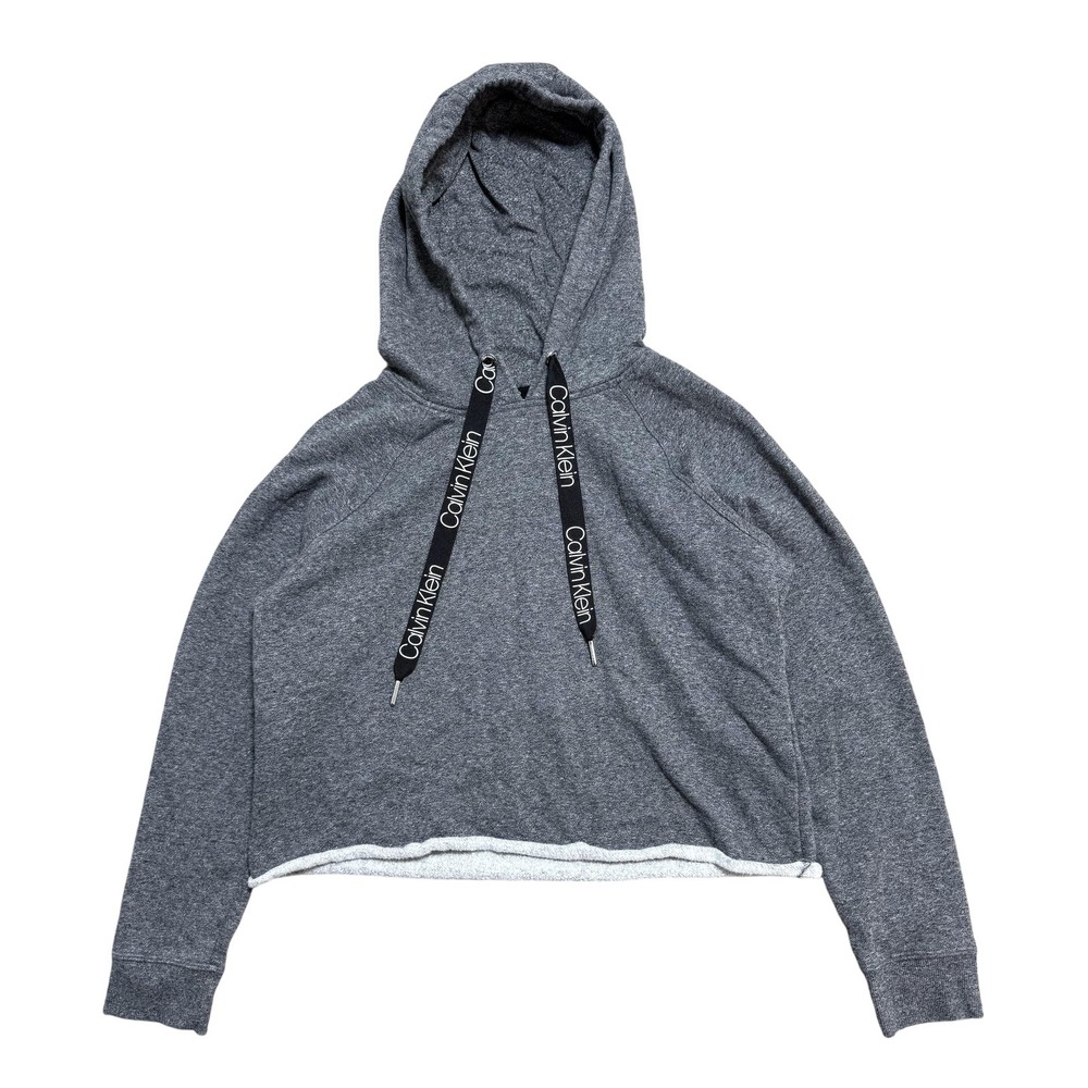Calvin Klein Hoodie Womens Small Gray Cropped Fleece Logo Drawcord Pullover